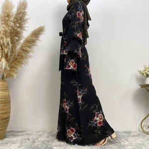 9071# Summer Spring Crew Neck Three Layers Tiered Sleeves Pretty Colorful Flowers Print Casual Dress Muslim Women Dress - Product Image 2