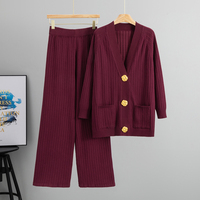 Ensemble deux pièces décontracté pour femme, automne, col en V uni, tricoté, long, teint en fil, cardigan à boutons métalliques + pantalon large