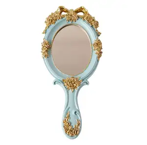 Espelho de mão com alça em forma oval, espelho de mão para maquiagem, artesanato esculpido em flor rosa, estilo rococó princesa, cosmético europeu
