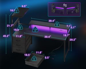 Bureau d'ordinateur moderne en métal avec tiroirs de rangement et éclairage LED, table de travail pour jeux vidéo, finition noire - Product Image 3