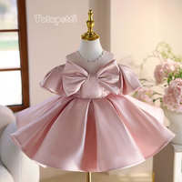 Robe de soirée élégante pour bébé fille, longueur genou, en satin, avec grand nœud et manches bouffantes, idéale pour mariage et fête, écologique