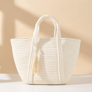 <span class=keywords><strong>Sac</strong></span> à <span class=keywords><strong>main</strong></span> de plage d'été en coton écologique à grande capacité, polyvalent, avec pompon - Product Image 3