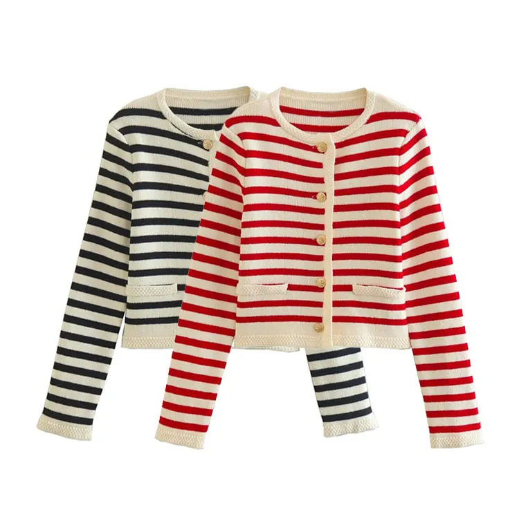 2023 High Quality Spring Ladies Fashion Stripe Button Knit Cropped Long Sleeve Tops Plus Size Cardigan Women Sweater