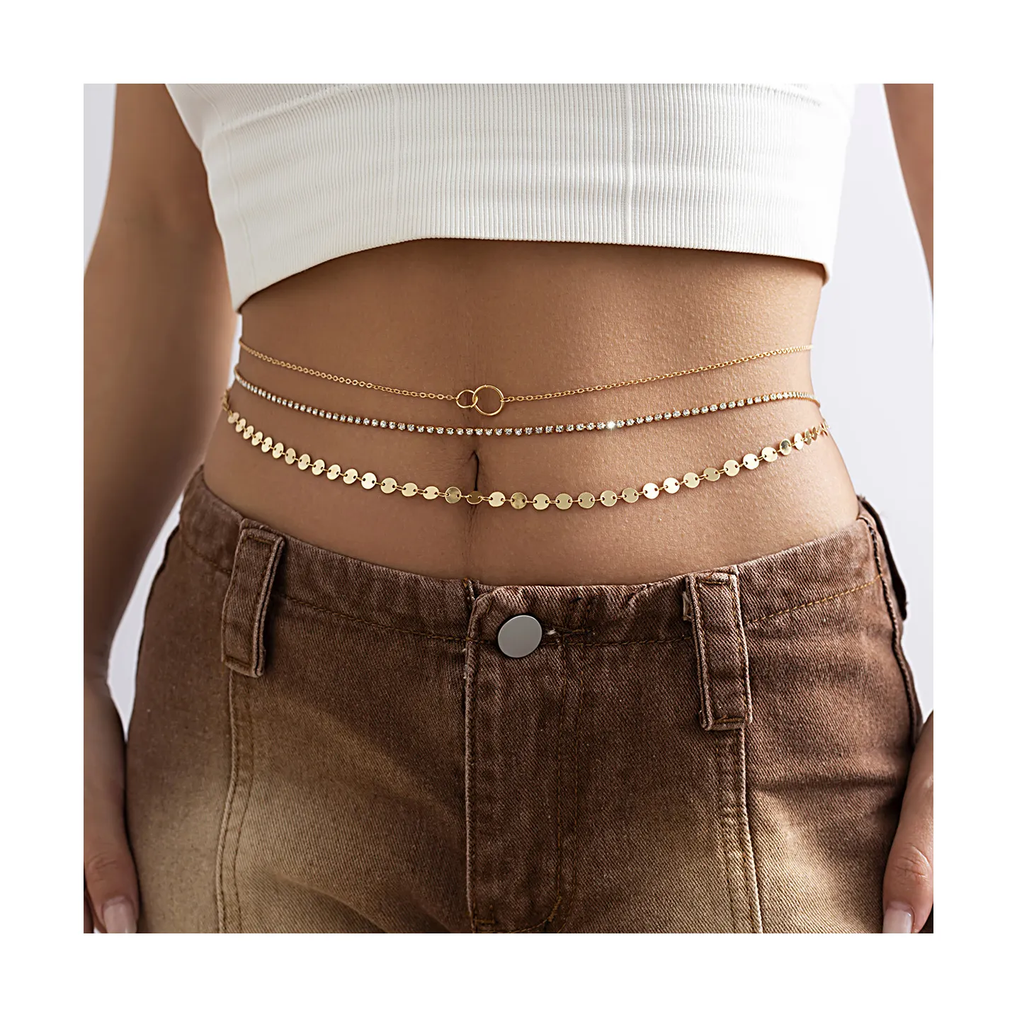 6 Piece Alloy Waist Chain Belt Set Adjustable Multi Layer Body Chain 14K Gold Plated Belly Chain Adjustable Layered Chain for  main image 3