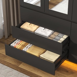 Armoire moderne en bois noir à 3 portes avec portes coulissantes, tiroirs, miroir, <span class=keywords><strong>tringle</strong></span> à vêtements et éclairage LED RGB pour chambre à coucher - Product Image 4