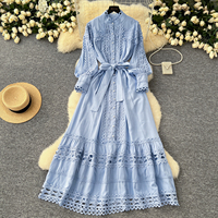Robe élégante pour femmes, en dentelle marron, patchwork, coupe évasée, col montant, manches longues, ceinture, robe midi pour tous les jours, robes décontractées