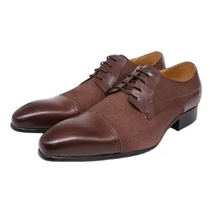 حذاء رجالي كلاسيكي من أوكسفورد, حذاء رجالي كلاسيكي مصنوع يدويًا من الجلد الطبيعي مزين بالشوكولاتة والبني