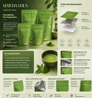 Sachet Doypack personnalisé réutilisable en matériau haute barrière avec fermeture zip pour poudre de thé matcha et de latte, 30g, 50g, 100g