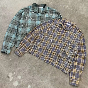 T-shirt Personalizzata <span class=keywords><strong>con</strong></span> Stampa Cristallo Oversize, <span class=keywords><strong>Bottoni</strong></span>, Maniche Lunghe, Motivo a Quadri, Diamanti, Strass, Flanella, Taglio Corto, Lavaggio Acido per Uomo - Product Image 4