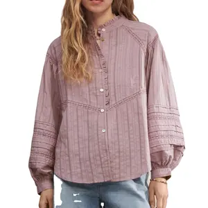 महिलाओं के लिए स्प्रिंग कैज़ुअल टॉप, कढ़ाई वाले लेस बटन बुने हुए टॉप ST01017Y के साथ ब्लाउज शर्ट