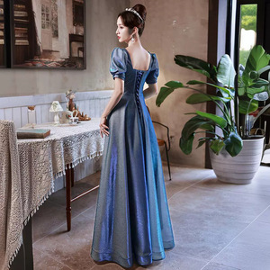 Evening Dress V-Neck A-Line Blue Satin Floral Print Natural Waistline Polyester Fabric - Product Image 4