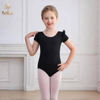 Justaucorps de ballet à manches courtes et volants aux épaules pour enfants, doublure douce, rose, extensible, pour filles, en nylon et élasthanne