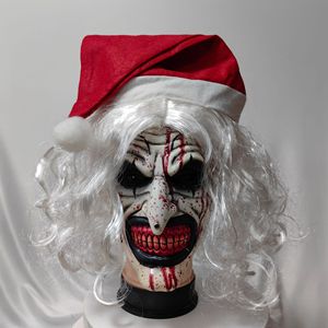 Masque de clown de Noël avec perruque blanche et bonnet de Père Noël, accessoire de costume d'horreur pour Halloween, taille unique - Product Image 1