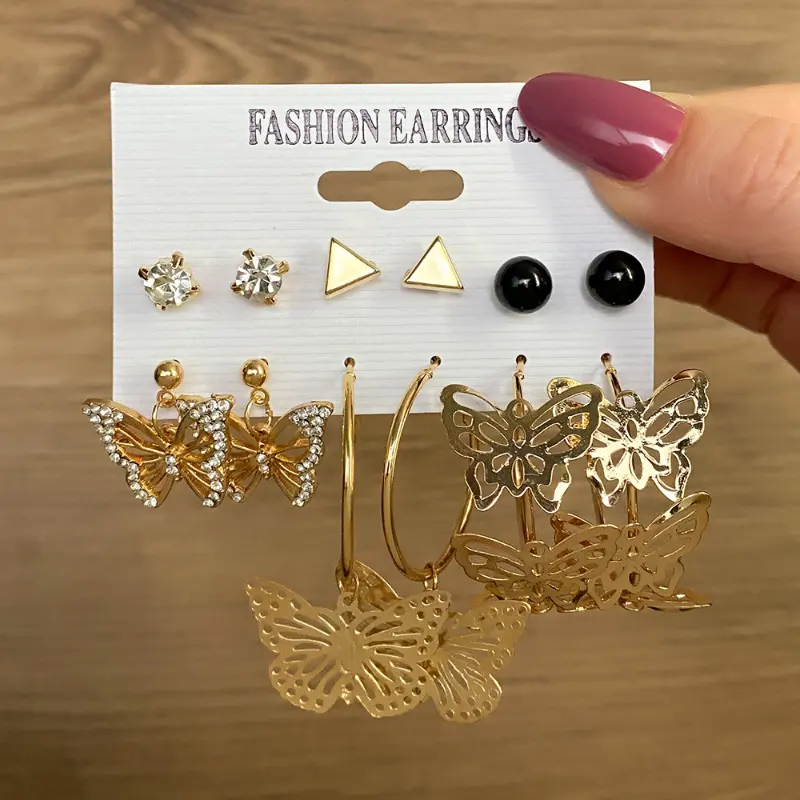 Geometric Diamond Black Stud Earing Women 6-piece Butterfly Earrings Set Tiny Hoop Dangle Earrings