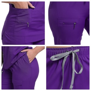 Women's Scrub Set Short Sleeve Knitted Split Design For Medical Spa Workwear With Pockets And Drawstring Waist - Product Image 2