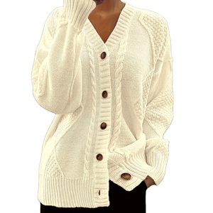 Damen Strickjacke mit V-Ausschnitt, Dreiviertelärmeln, Knöpfen, lockerer Passform, dickem Strick, Taschen, lässig, Oversize, 100% Acryl, Vintage - Product Image 1