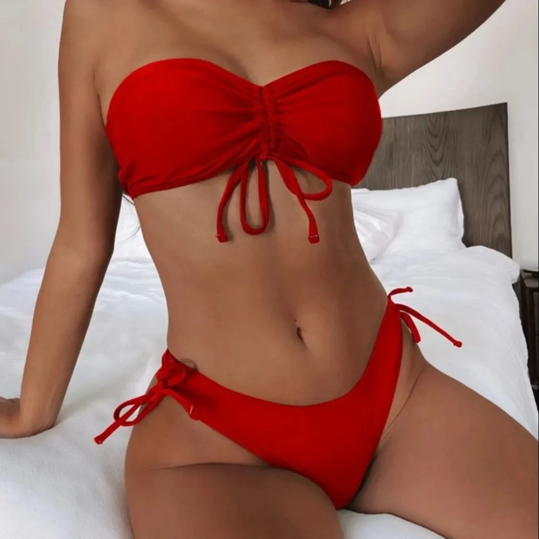 Custom Red Sexy Micro Mini Two Piece Bikini Set Beach wear Front Tie Strapless Bandeau Swimsuit Double Side Tie Thong Swimwear