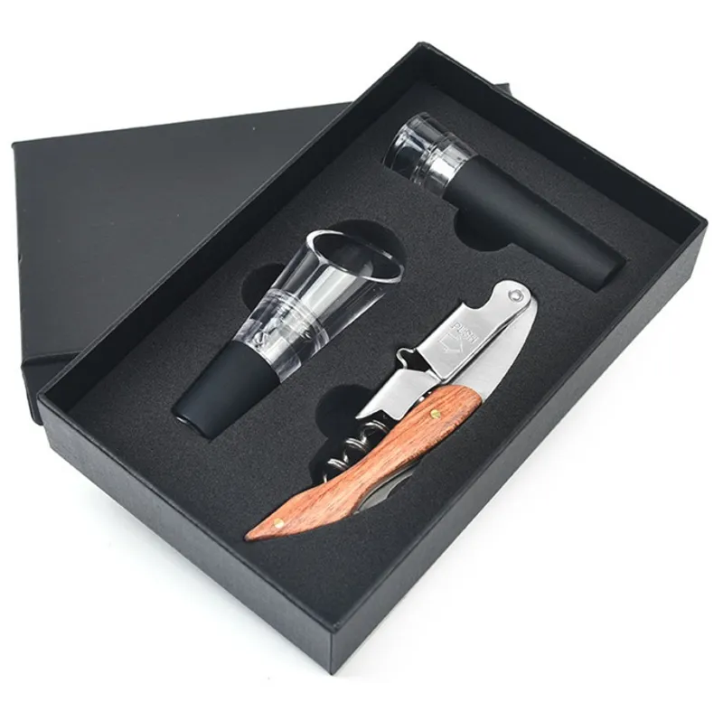 HXY Custom Padauk Wooden Wine Opener Stopper Pourer Gift Box Top Opener 3-piece Wine Accessories Set For Gift