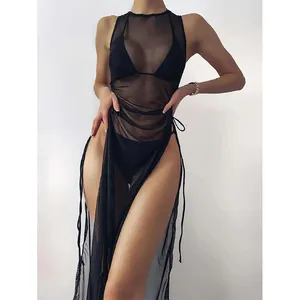 Ladies Sexy 3 pieces Bikini Set mesh dress Solid Color Triangle Bra High Cut Panties See Through Slit Cover Up Dress Swimwear