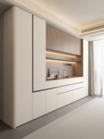 Buffet sans poignée à ouverture par pression avec panneau en chêne pour espace repas d'appartement style crème, unité de rangement pour boissons et vaisselle