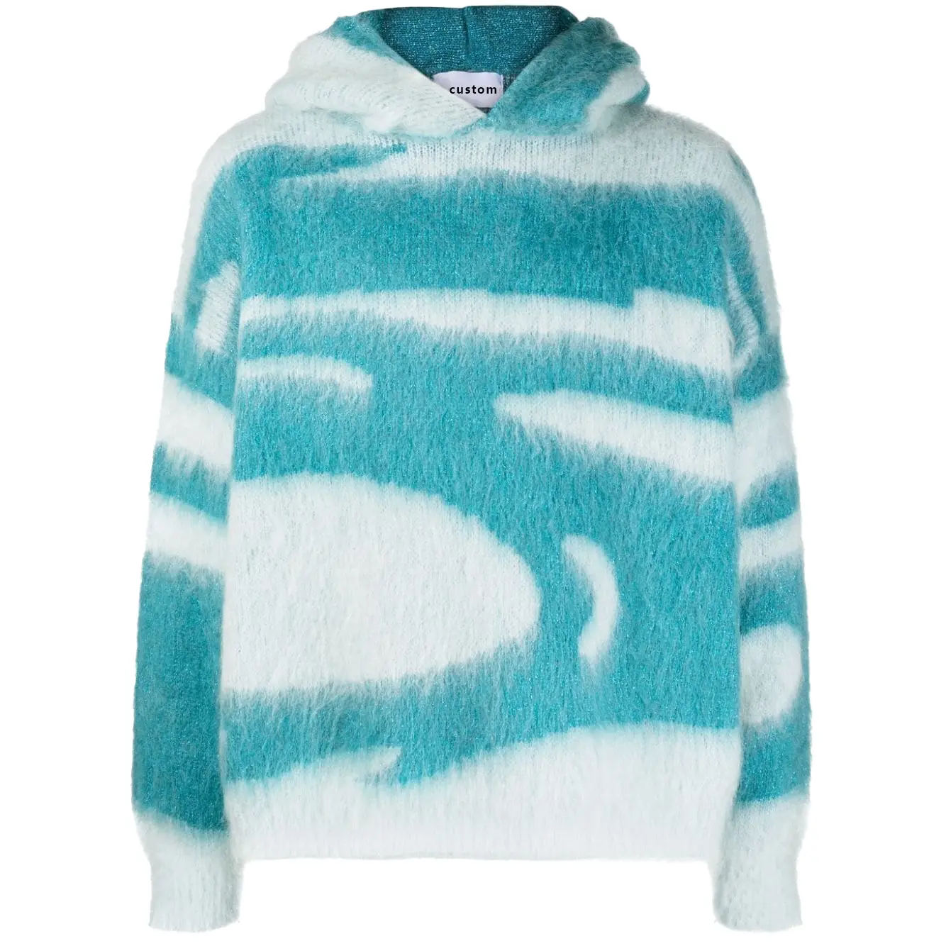 Hoodie rajut mohair kustom 2024 sweter wol fuzzy musim dingin pakaian rajut jacquard turun bahu untuk pria