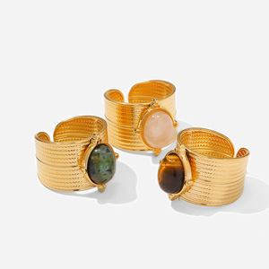 French Retro Style Natural Stone Wide Opening <b>Ring</b> For Women 18k Gold Plated <b>Titanium</b> Steel Niche Jewelry - Product Image 1