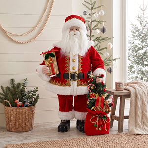 Statue du Père Noël en velours rouge avec bordure dorée et sac à jouets pour l'affichage en magasin - Product Image 1