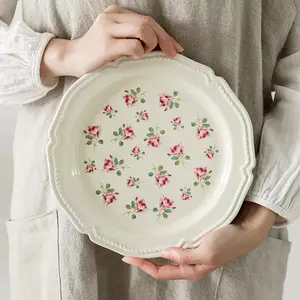 Rose Flower Embossed Glazed Western Ceramic Dinnerware Sets with Bowls Dishes Salad Dinner Fish Plate Crockery