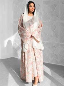 LEDUO Customized Elegant Linen Blend Floral Embroidered Abaya Kimono Open Style <b>Long</b> Sleeve Modest Outerwear - Product Image 2
