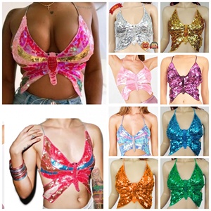 Top court à paillettes papillon pour femmes, festival d'été, soirée en boîte de nuit, soutien-gorge halter sexy, débardeur - Product Image 4