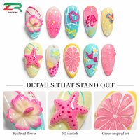 Kuku Palsu Summer Almond Press On Nail 3D Motif Bunga Bintang Laut Hati Buah Nail Art Mengkilap Pink Biru Kuning untuk Wanita Liburan Pantai