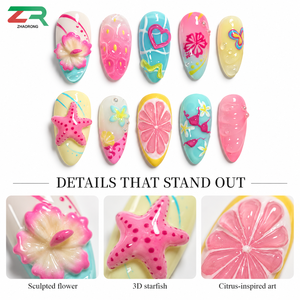Faux <span class=keywords><strong>ongles</strong></span> d'été à presser, motifs fleurs 3D, étoiles de mer, cœurs, fruits, brillants rose, bleu, jaune, pour femmes, vacances à la plage - Product Image 2