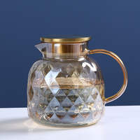 Jarra de diamante de cristal grande resistente al calor de 1,8 l con tapa, jarra de agua de borosilicato con asa, jarra de agua con asa