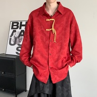 Chemise décontractée pour homme à manches longues, style Tang, avec boutons grenouille, en jacquard texturé, coupe ample, pour le quotidien