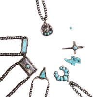 Collier chaîne en alliage avec pendentif croix estampée, style vintage western 2026, orné de pierres turquoise, de perles Navajo et d'un motif chapeau de cowboy