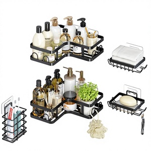 Étagère d'angle triangulaire pour salle de bain, 2 niveaux, revêtement poudré, pour articles de toilette, en fer forgé, sans perçage, pour l'exportation - Product Image 1