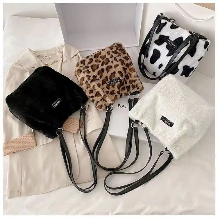 Fashion Girl Purses Velvet Animal Print Ladies Bag Women Handbags Plush Long Handle Crossbody Bags