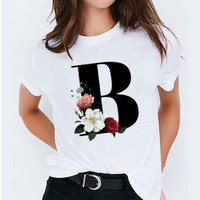 Camisetas de Mujer 100% Algodón Transpirable con Estampado de Flores y Letras para Verano