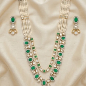Ensemble de collier en argent 925 Kundan avec perles traditionnelles et émeraudes pour femmes, bijoux de mariée, collier de mariage en pierre verte - Product Image 6