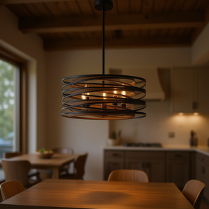 Modern Rustic <b>5</b>-<b>Light</b> Pendant <b>Chandelier</b> Black Walnut Metal Cage Drum Shape for Kitchen Island Dining Room Lighting - Product Image 2