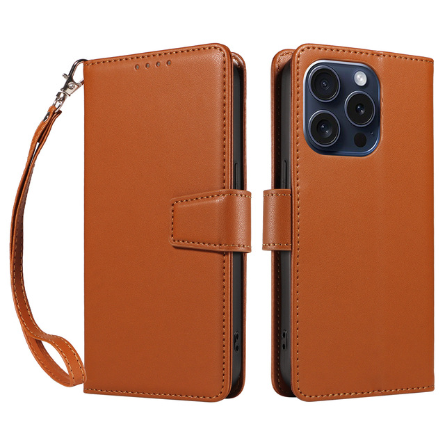 Men Women Leather Flip Book Phone Case for iPhone 16 Pro Max 16 Plus 16 Luxury Wallet Cards Stand Phone Cover with Wrist Strap