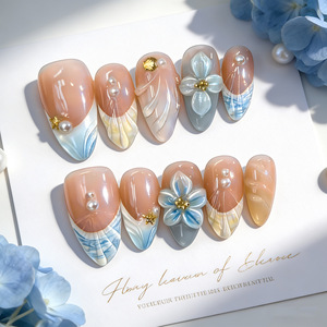 Lot de 30 faux ongles <span class=keywords><strong>en</strong></span> amande pour le printemps/été, nouveau style français <span class=keywords><strong>en</strong></span> amande, design floral 3D - Product Image 1