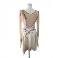Robe de patinage et de danse dégradé beige et blanc, manches longues en maille, strass et feuilles d'or pour enfants et adultes, compétition et performance