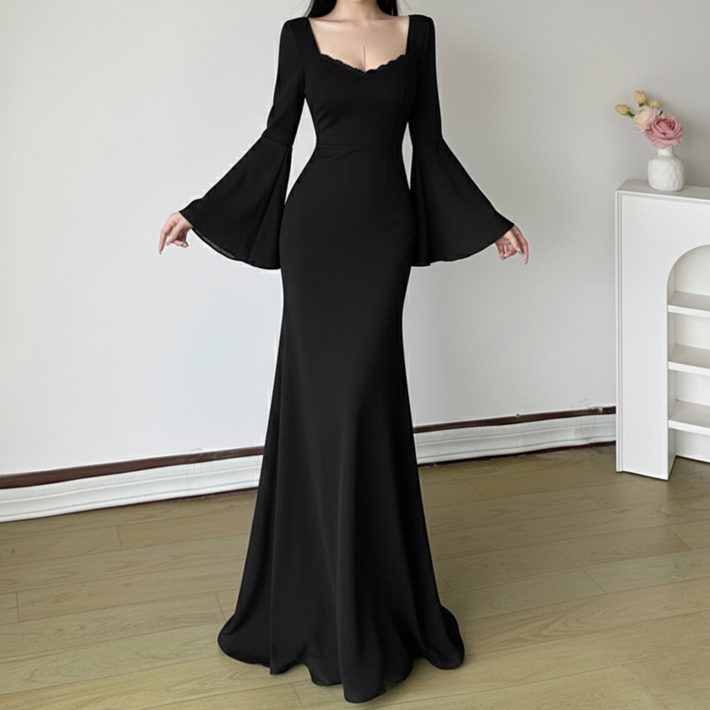 knee length dresses for ladies Black V-Neck Elegant Maxi Dress With Slit And Long Bell Sleeves – SYLEND main image 0