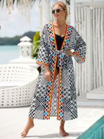 Dames Boheemse kimono met print, open voorkant, lange strandjurk, zomerzwemkleding, strandjurk voor strandvakantie, resortkleding