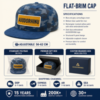 Casquette de baseball personnalisée à visière plate, motif camouflage bleu, 6 panneaux, snapback, patch brodé jaune, réglable, vente en gros, OEM, faible MOQ