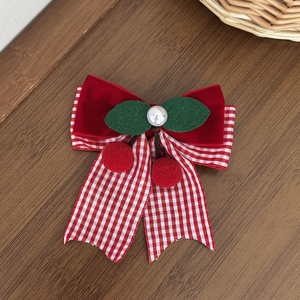 Pinza de Pelo a Cuadros Roja con Perlas y Lazo de Fresa para Niña, de Uso Diario, Hecha de Poliéster - Product Image 5
