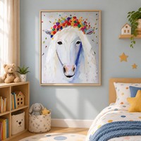 Peinture à l'huile sur toile abstraite, motif mouton blanc moderne peint à la main avec couronne de fleurs colorées, portrait animalier, décoration murale pour salon