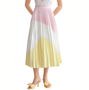 <span class=keywords><strong>Gonna</strong></span> Midi Plissettata Bicolore Rosa Bianco Giallo in Raso a Vita Alta Elegante Casual da Donna per Vacanze - Product Image 1