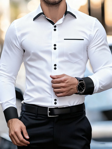 <span class=keywords><strong>Chemise</strong></span> <span class=keywords><strong>Homme</strong></span> Décontractée à Col Color Block Perlé, Manches Longues, Coupe <span class=keywords><strong>Slim</strong></span>, Infroissable, Patchwork Noir et Blanc, Tendance - Product Image 1
